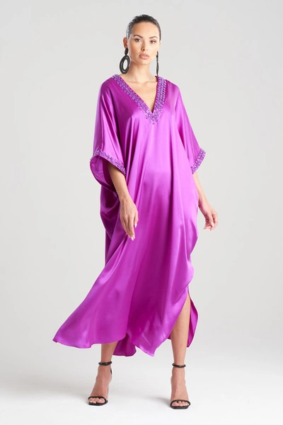 Shop Josie Natori Natori Key Essentials Embellished Cocoon Silk Caftan Dress In Orchid Pink
