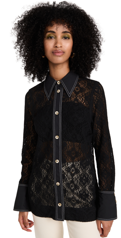 Shop Ganni Cotton Lace Shirt In Black