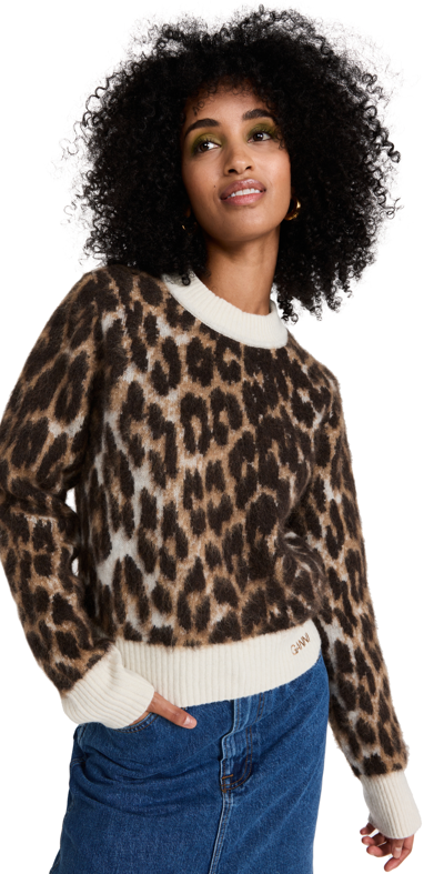 Shop Ganni Leopard Jacquard O-neck Sweater In Starfish