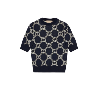 Shop Gucci Navy Reversible Gg Jacquard Wool Sweater In Blue