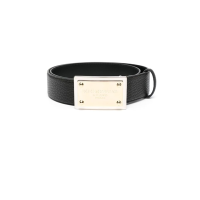 Shop Dolce & Gabbana Black Grainy Logo Plaque Leather Belt