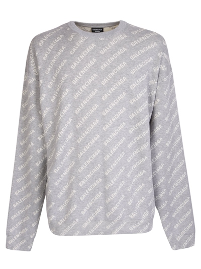Shop Balenciaga Sweater With All-over Inlay Logo. Garment Made With Great Attention To The Choice Of Mate In Grey