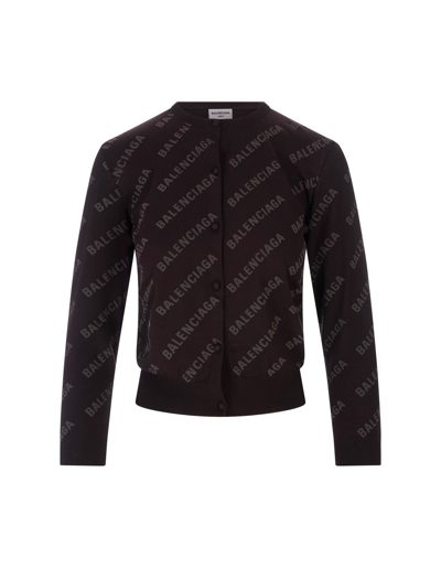 Shop Balenciaga Woman Brown Knit Crop Cardigan With All-over Logo In Brown/brown