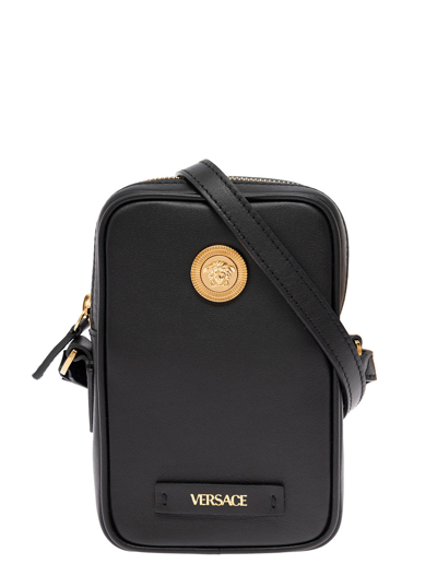 Shop Versace Mans Black Leather Smartphone Case With Metal Logo In Nero