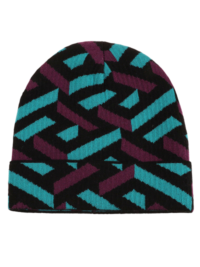 Shop Versace Patterned Knit Beanie In Multicolor