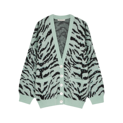 Shop Alessandra Rich Zebra-intarsia Embellished Mohair-blend Cardigan In Mint