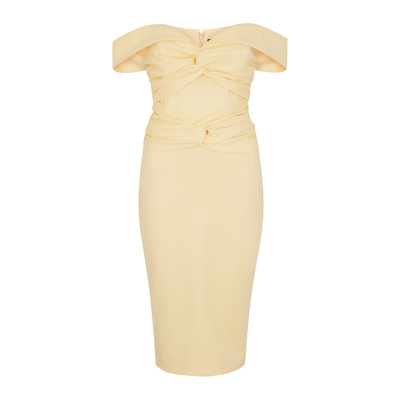 Shop Lavish Alice Yellow Off-the-shoulder Jersey Dress In Beige