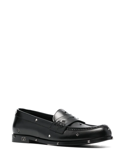 Shop Valentino Rockstud Leather Loafers In Black