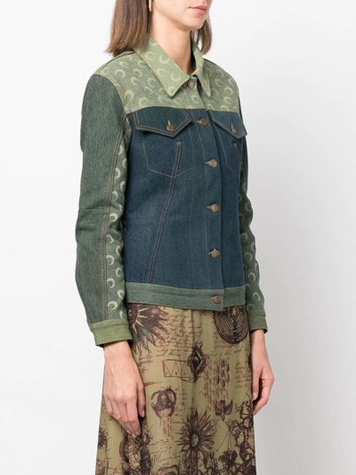 Shop Marine Serre Logo-print Colour-block Denim Jacket In Grün