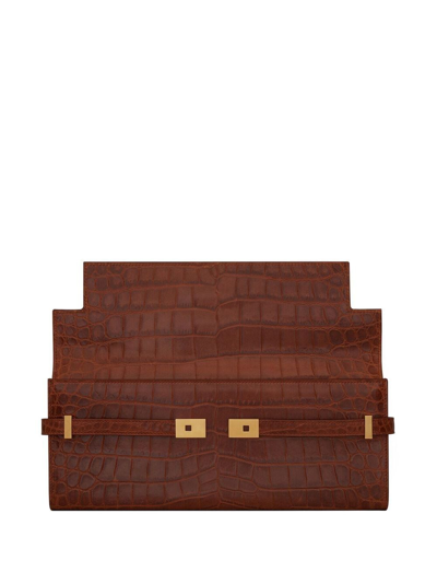 Shop Saint Laurent Crocodile-effect Leather Clutch Bag In Braun