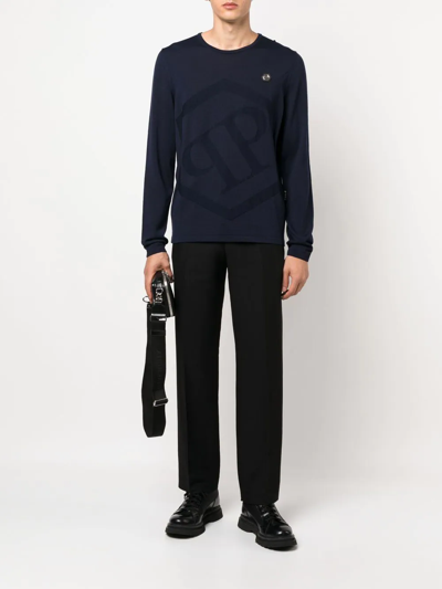 Philipp Plein Logo Patch Merino Wool Jumper In Blue