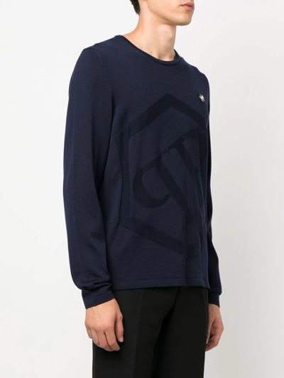 Philipp Plein Logo Patch Merino Wool Jumper In Blue