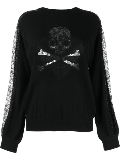 Shop Philipp Plein Lace-panelling Skull-print Sweatshirt In Black