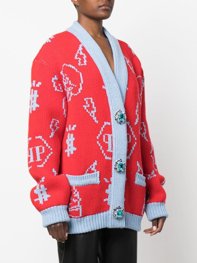 Shop Philipp Plein Jacquard Logo Cardigan In Red