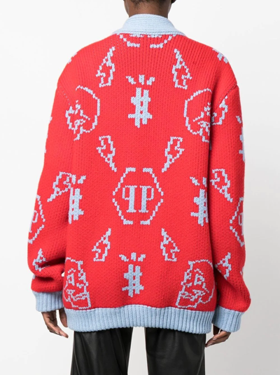 Philipp Plein Jacquard Logo Cardigan In Red