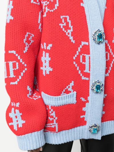Philipp Plein Jacquard Logo Cardigan In Red
