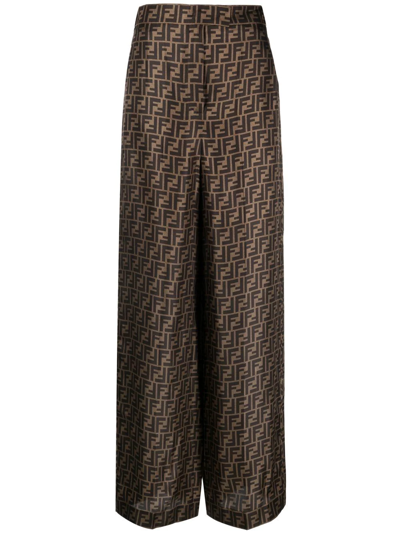 Shop Fendi Ff Motif Silk Palazzo Trousers In Brown