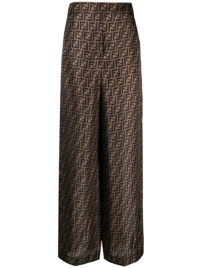 Fendi Ff-monogram Pleated Silk Trousers In Brown