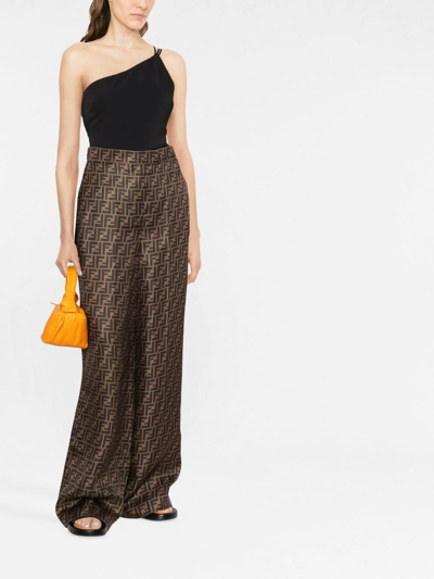 Fendi Ff-monogram Pleated Silk Trousers In Brown