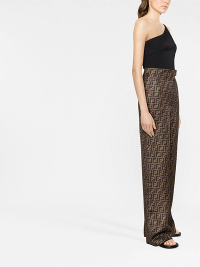 Fendi Ff-monogram Pleated Silk Trousers In Brown