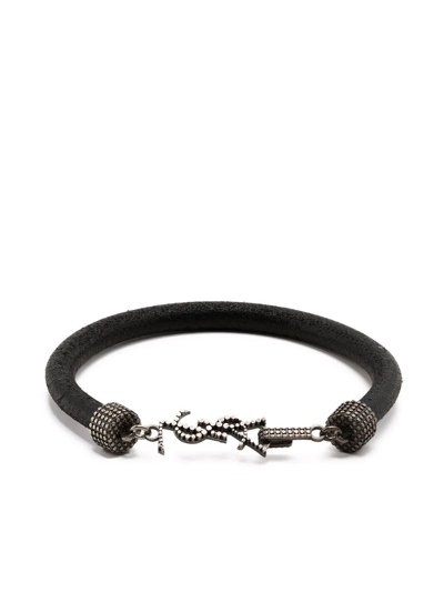 Shop Saint Laurent Studded Ysl Charm Bracelet In Black