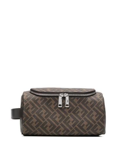 Shop Fendi Ff-pattern Calf Leather Wash Bag In Brown