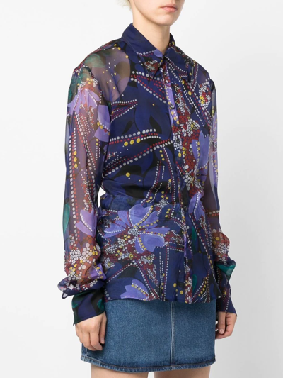Dsquared2 Floral Printed Semi-sheer Buttoned Shirt In Blau