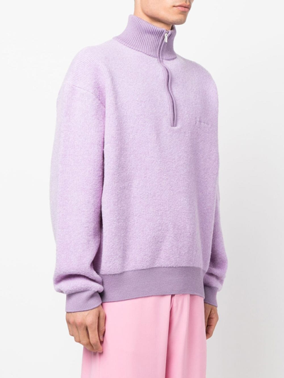 Jacquemus La Maille Berger Embroidered Logo Half Zip Merino Wool Blend Sweater In Violett