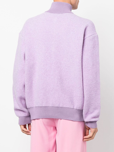 Jacquemus La Maille Berger Embroidered Logo Half Zip Merino Wool Blend Sweater In Violett