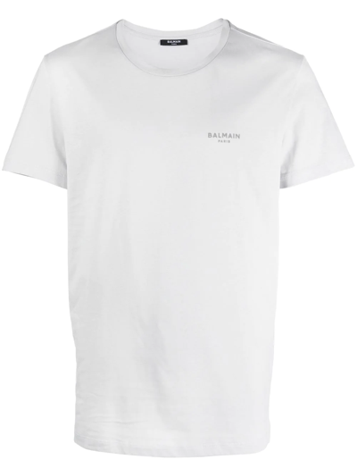 Shop Balmain Flocked-logo Organic-cotton T-shirt In Blau