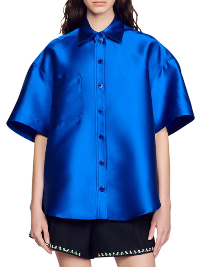 Shop Sandro June Satin Short-sleeve Button-down Shirt In Electric Blue