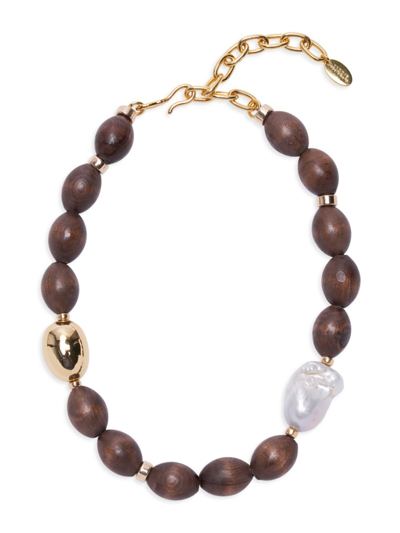 Shop Lizzie Fortunato Women's Prairie Goldtone, 20-30mm Cultured Freshwater Baroque Pearl, & Wood Beaded Necklace In Brown