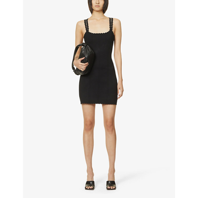 Shop Victoria Beckham Women's Black Scallop-trim Scoop-neck Stretch-woven Mini Dress