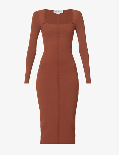 Shop Victoria Beckham Womens Brown Square-neck Fitted Stretch-woven Midi Dress