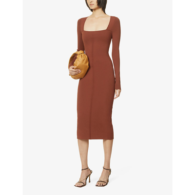 Shop Victoria Beckham Womens Brown Square-neck Fitted Stretch-woven Midi Dress
