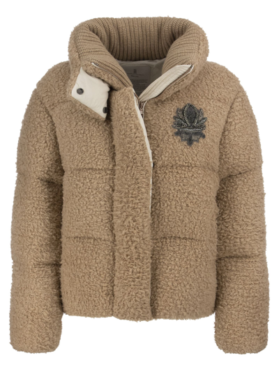 Shop Brunello Cucinelli Fleecy Cashmere Knit Down Jacket With Swarovski® Crest In Camel