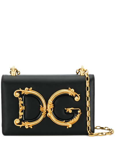 Shop Dolce & Gabbana Black Barocco Ccrossbody Bag With Chain Shoulder Strap And Monogram Plate On The Front Dolce & Gabba