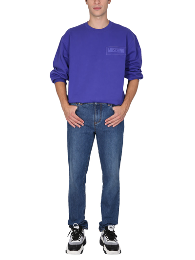 Shop Moschino Sweatshirt With Logo Patch In Blu