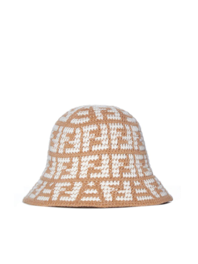 Shop Fendi Ff Motif Wide Brim Hat In Beige