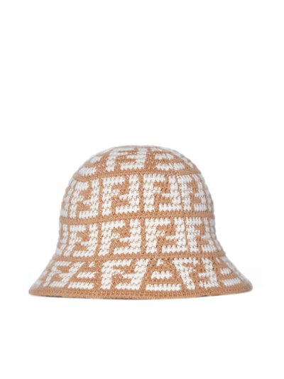 Shop Fendi Ff Motif Wide Brim Hat In Beige