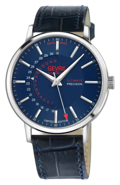 Shop Gevril Guggenheim Ultra Thin Automatic Leather Strap Watch In Blue