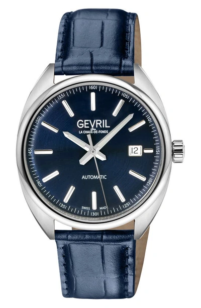 Gevril Five Points Croc Embossed Leather Strap Watch, 43mm In Blue