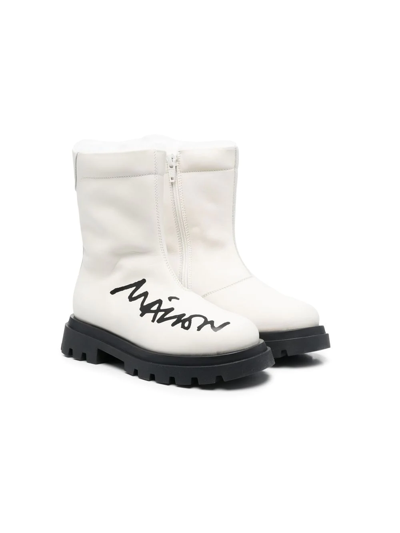 Shop Mm6 Maison Margiela Logo-print Shearling-trim Boots In White