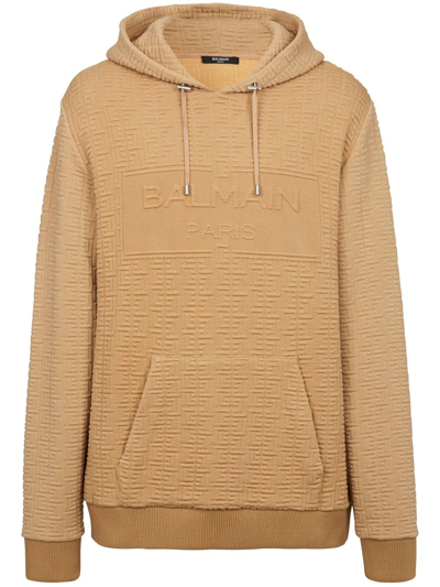 Balmain Embossed Monogram Hoodie Sweatshirt In Camel