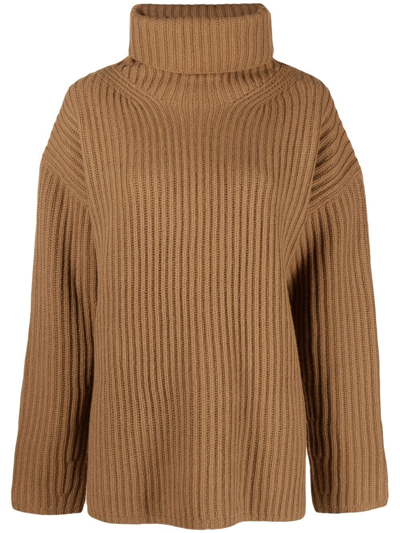 Shop Joseph Ribbed Roll Neck Jumper In Brown