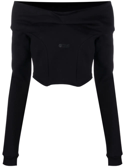 Shop Gcds Off-shoulder Cropped Sweatshirt In Black