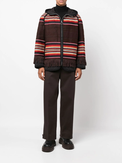 Shop Junya Watanabe Stripe-design Fringed Padded Jacket In Brown