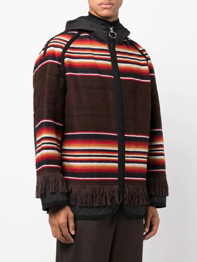 Shop Junya Watanabe Stripe-design Fringed Padded Jacket In Brown