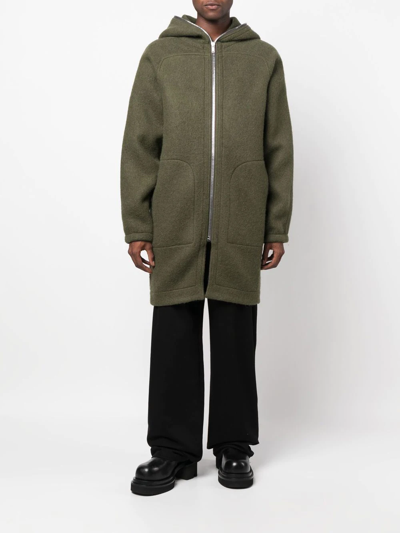 Rick Owens Green Zip-up Hooded Wool Coat In Green