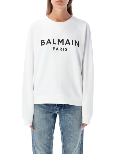Shop Balmain Logo Printed Crewneck Sweatshirt In White